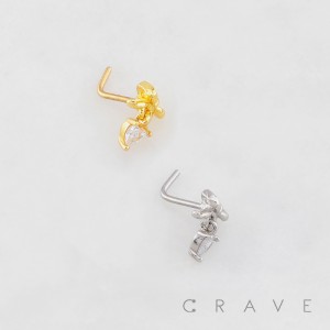 RIBBON DANGLE HEART WITH BEZEL CZ 316L SURGICAL STEEL L-SHAPE NOSE RING